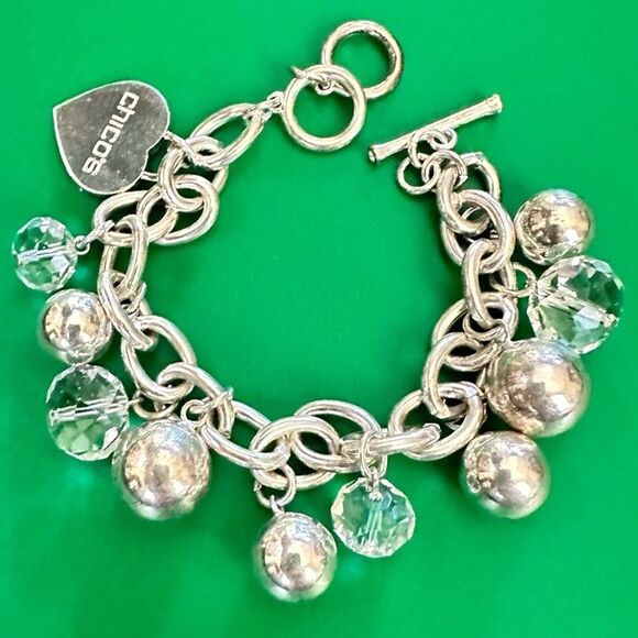 Chico's Silver Tone Beaded Heart Charm Toggle Bracelet - 6.5 - 7.5" - Picture 1 of 3